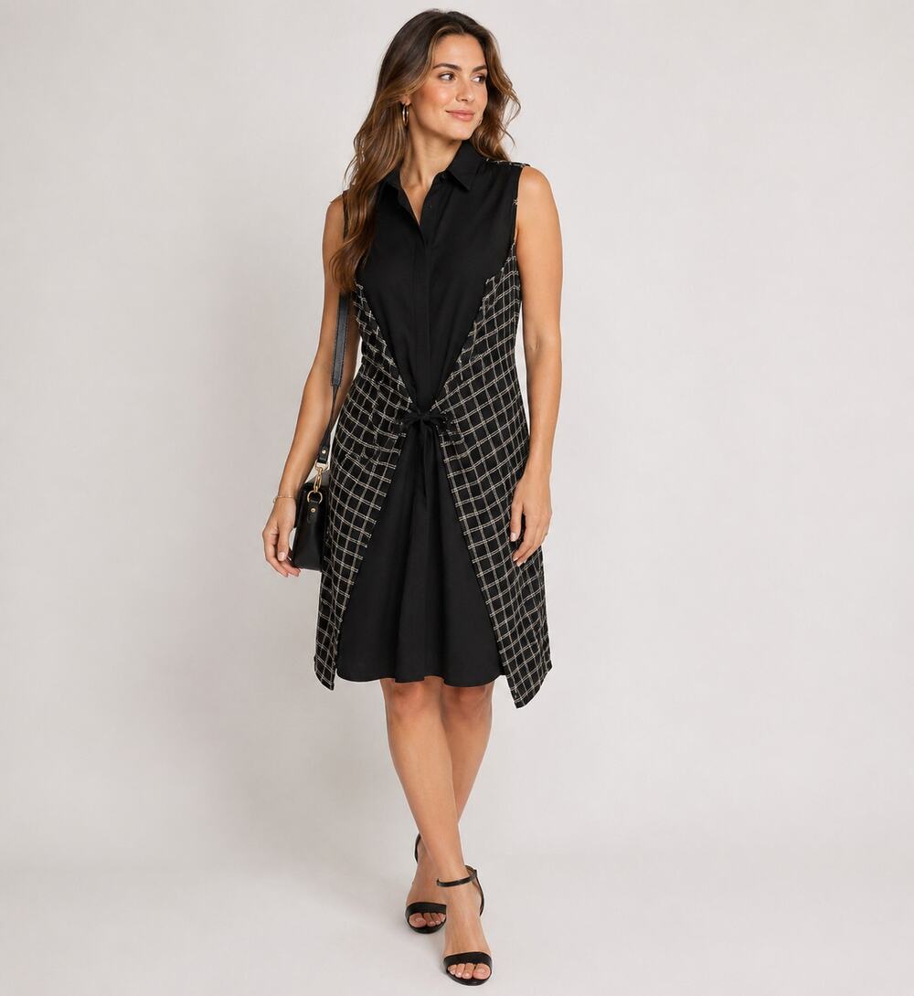 Ronen Chen US SZ 8 Sleeveless Button Front Shirt Dress Waist Wrap Black/Plaid